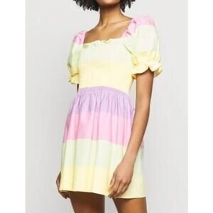 Olivia Rubin Emilie Striped Pastel Puff Sleeve Mini Dress Yellow Pink 2